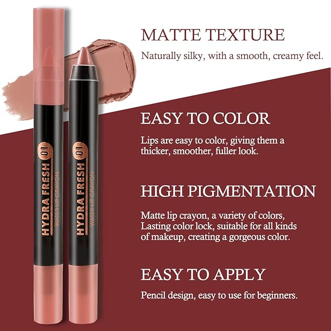 Boobeen Matte Lip Crayon Lipstik Pencil Velvety Creamy Matte Lip Liner Full Coverage High Pigment Waterproof Long Lasting Lipstick for Women, Matte Lip Color with Smooth