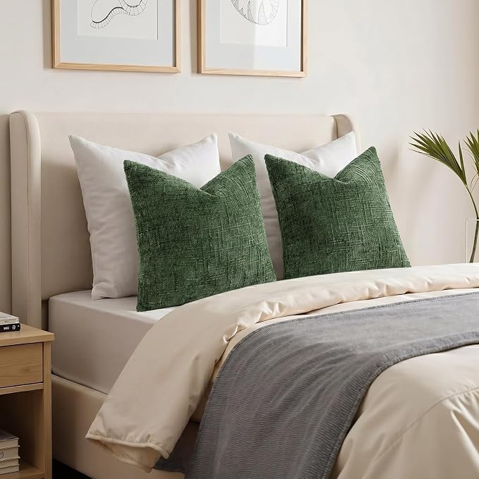 decorUhome Textured Chenille Throw Pillow Covers 20x20 Set of 2 Emerald | Fall Modern Farmhouse Soft Cozy Slubby Couch Pillow Cases Boho Decorative Pillow Cases for Bed Sofa Living Room Home Decor