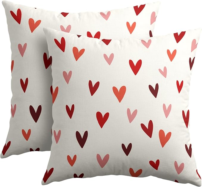 Kawani Valentines Day Throw Pillow Covers 22x22 Inch Red Pink Love Hearts Print Square Pillowcases Cotton Linen Cushion Cover for Couch Sofa Bed Anniversary Wedding Holiday Home Decor