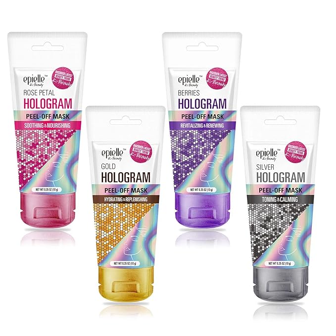 Epielle Hologram Peel Off Face Masks, Glitter Peel Off Mask, 4 Variety Pack (Single Use Testers), Beauty Gift, Gift Set, Spa Day