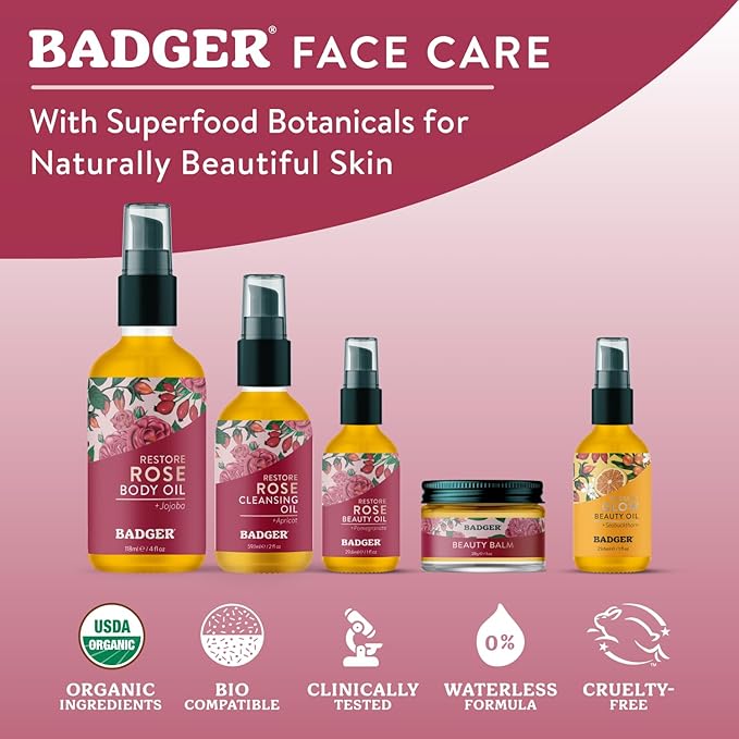 Badger Rose Body Oil, 100% Organic Rose Scented Body Oil, All Natural Body Moisturizer, Organic Jojoba & Rose Oils Soothe Dry Skin, 4 fl oz Glass Bottle