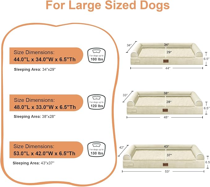 Orthopedic Dog Bed for XX-Large Dogs, 44 x 34 Inch, Beige | Egg crate foam for joint support, 3-sided bolster pet sofa, waterproof lining, washable cover, and non-skid base