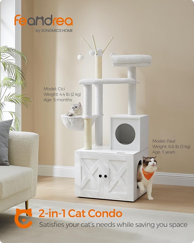 Feandrea Cat Tree with Litter Box Enclosure, 59-Inch Modern Cat Tower | 2-In-1 Condo with Scratching Posts, Washable Removable Cushion, Cloud White UPCT113W01