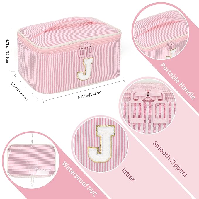 OCHEAL Makeup Bag Valentines Day Gifts for Women, Monogram Cosmetic Bag Pink Travel Makeup Case Beauty Toiletry Bag Organizer Personalized Gifts for Girls Bridesmaid, Sister, Wife, Friends Initial J