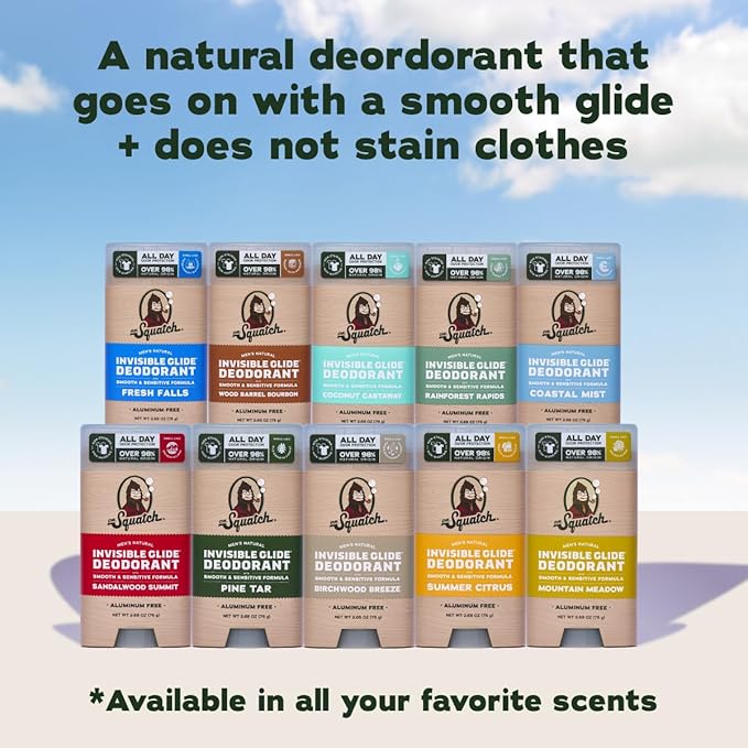 Dr. Squatch Invisible Glide Natural Men’s Deodorant – Smooth Glide, No Stains – Aluminum Free Deodorant Men – Safe for Sensitive Skin – Fresh Falls + Coconut Castaway, 2.65oz (2-Pack)