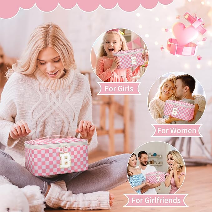 OCHEAL Makeup Bag Valentines Day Gifts for Women, Monogram Cosmetic Bag Pink Travel Makeup Case Beauty Toiletry Bag Organizer Personalized Gifts for Girls Bridesmaid, Sister, Wife, Friends Initial E