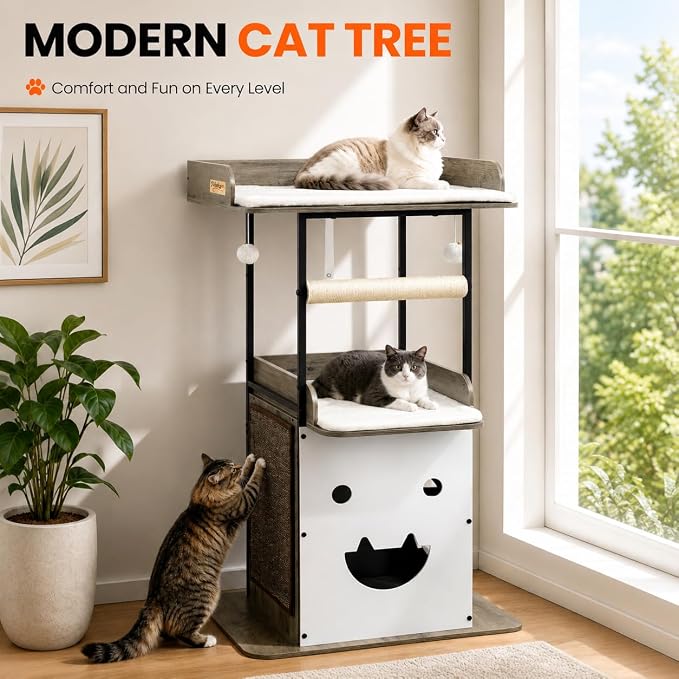 48in Wood Modern Cat Tree for Large Indoor Cats with Big Perch Bed | Multi-Level Climbing Design, Cat Cando, Sisal Scratching Posts and Board, Removable Washable Pads, Stable Greige