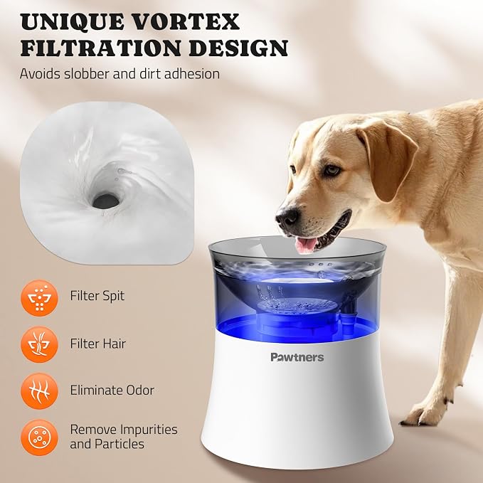 Pawtners 1 Gal/3.5L Dog Water Fountain,Elevated Dog Water Bowl Dispenser | Vortex Flow filter,Automatic Pet Water Fountain for Large Dogs Inside, Deep Drinking Area and Quiet Pump, 10" H