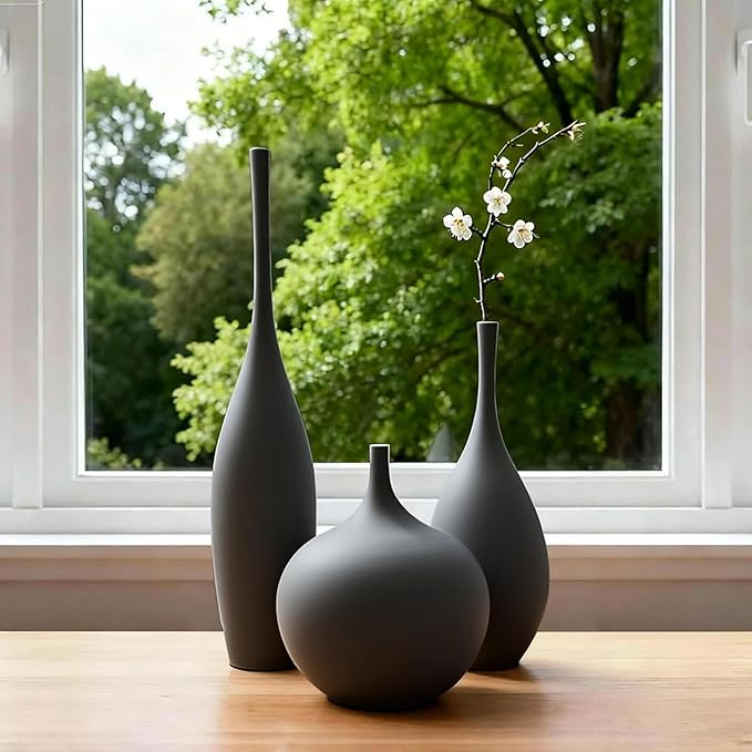 Relexome Black Ceramic Vase Modern Boho Wabi-Sabi Flower Vase Set of 3 Decorative Aesthetic Vases for Centerpieces Matte Minimalist Vases for Living Room Table Shelf Home Decor Gift
