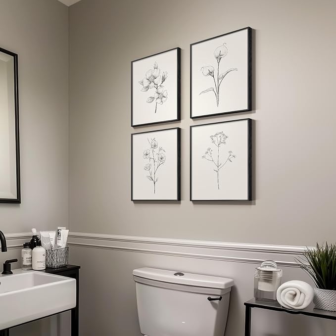 Framed Black and White Floral Wall Art, 4 Piece Vintage Gray Botanical Canvas Prints Painting Artwork, Minimalist Neutral Flower Pictures for Farmhouse Bedroom Living Room Bathroom Home Decor, 11x14
