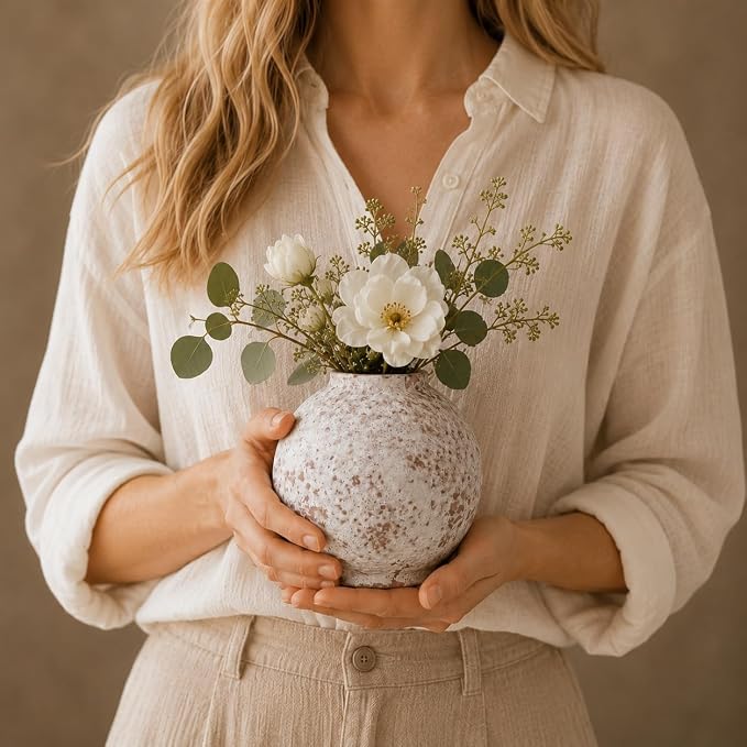 Ceramic Flower Vase, 5.5 Inch Round Textured Vase for Home Decor | Handmade ceramic vase with unique textured design, perfect for living room shelves, tables, centerpieces and farmhouse decor.