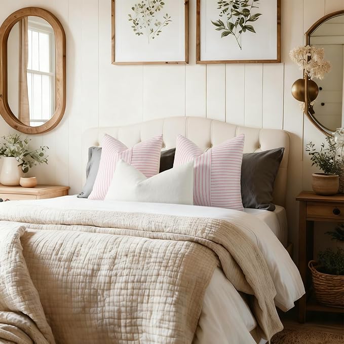 YCOLL Valentines Pillow Covers 22x22, Modern Accent Square Throw Pillow Covers Set of 2, Pink and Beige Striped Patchwork Linen Decorative Cushion Covers for Couch Chair Bedroom Home Decor