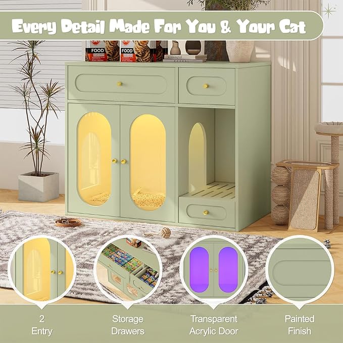 Hidden Cat Litter Box Enclosure Furniture with LED Light, Modern Litter Box Cabinet with Drawers & Acrylic Door, Multi-Entry Cat House Sideboard for Living Room, 37.4"W x 15.6"D x 31.5"H,Green