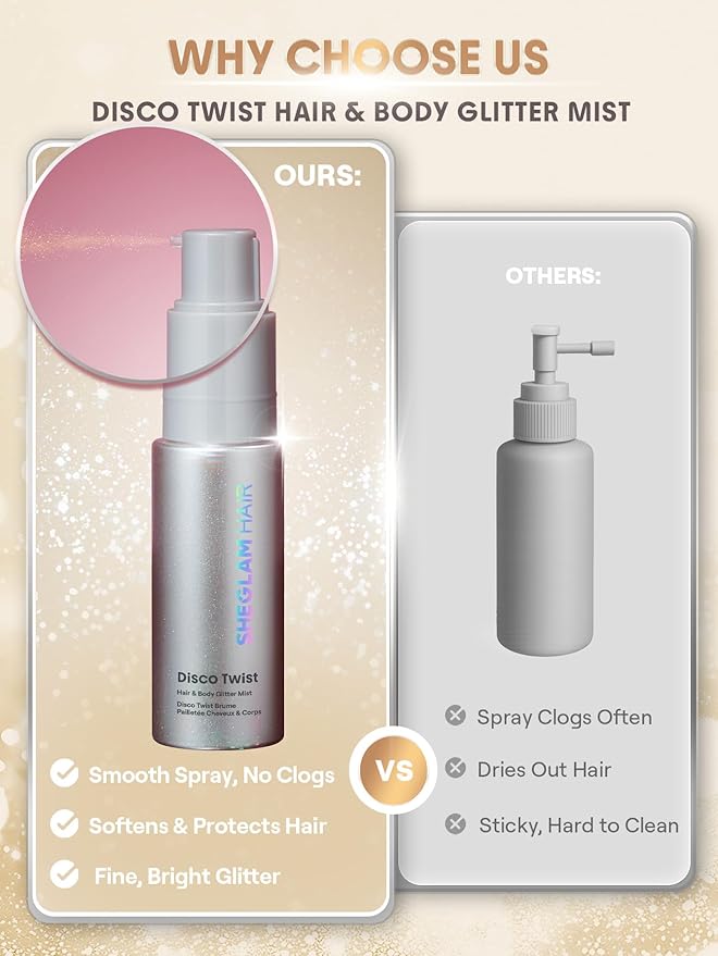 SHEGLAM Hair & Body Glitter Mist Spray - Shimmering Sparkle Makeup for Parties, Festivals, Cosplay, Halloween - Long Lasting, Non-Clogging, Easy Wash Off, 0.3 Fl Oz (Gold)