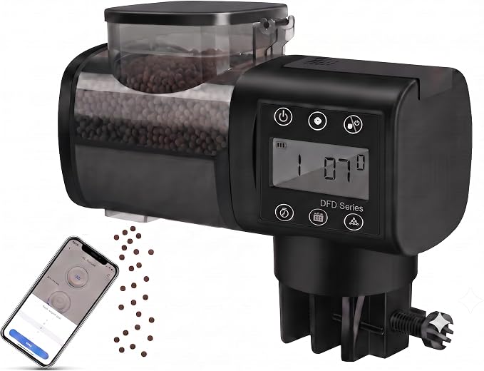 Automatic Fish Feeder: 500ml Bluetooth App Timer | Aquarium pet food dispenser, holiday travel, betta turtle, moisture-proof lid, anti-clog, 4-month battery