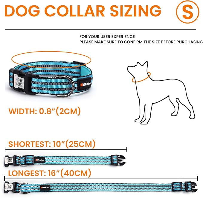 Personalized Dog Collar with QR Code Dog Tag, Light Blue S | Anti-lost, 1000D nylon, reflective, padded, XS-L(8"-24"), QR buckle shares lost pet profile, location alerts when scanned