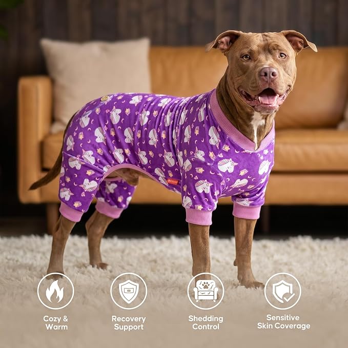 KYEESE Velvet Dog Pajamas for Large Dogs Soft Onesie Shirt, Unicorn Purple | 4-Way Stretch, Lightweight & Breathable, Reduces Shedding, Gentle on Sensitive Skin, Recovery Support, Easy Potty Breaks