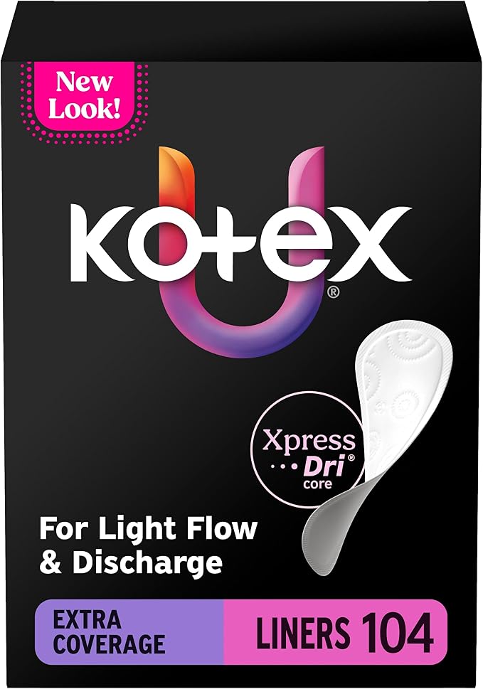 Kotex Absorbent Flat Liners, Light Absorbency, Extra Coverage, 104 Count (Packaging May Vary)