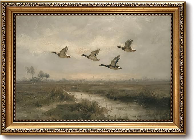 Vintage Hunting Gold Framed Wall Art Flying Mallard Duck Wall Decor Art | Rustic Landscape Painting Canvas Art Farmhouse Cottagecore Small Framed Prints Artwork Bedside Tables Foyer Bookshelf Entry