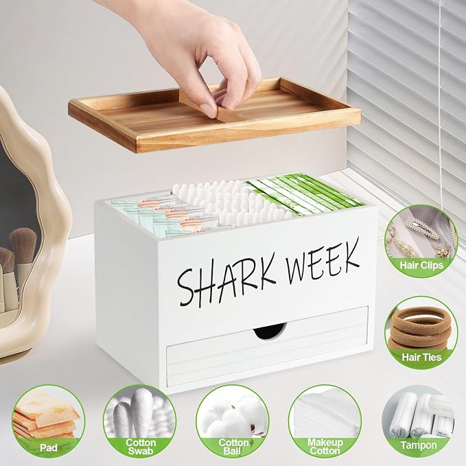 Tampon Holder for Bathroom, Feminine Product Organizer with Lid and Drawer, Wood Shark Week Tampon Storage, Lady Stuff Box for Bathroom Accessories and Toilet Organizer