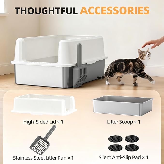 WoofiGo XXL Stainless Steel Cat Litter Box, High Sided Open Top Litter Pan | Anti-Urine Leakage Design, Spacious Interior for Big Cats, Non-Stick, Odor Resistant, Easy Clean, Scoop Included (White)