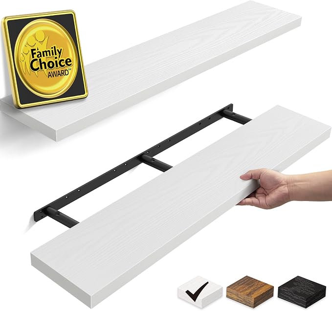 BAYKA White Floating Shelves 47.2in, Set of 2, Wall Mount Rustic Wood Shelf | Easy Install, 30lbs Max Load, Hidden Bracket, for Bathroom Bedroom Kitchen Office Storage Decor, Multi-Wall Compatible