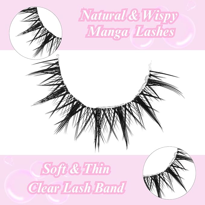 outopen 10 Pairs Manga Lashes Natural Look False Eyelashes Wispy Spiky Anime Lashes Korean Japanese Asian Style Cosplay Fake Eyelashes with Clear Band