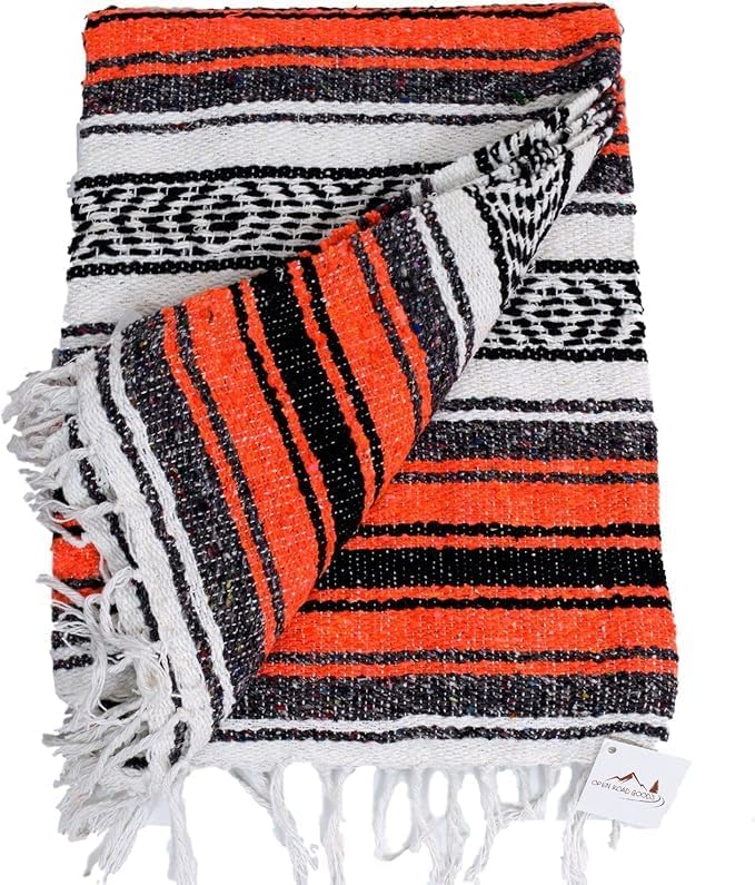 Open Road Goods Bulk Falsa Blankets - Handwoven Authentic Mexican Falsa - Great for Weddings, Yoga, Beach, Picnics, or Mexican Throw! (Orange/Black, 7 Pack)