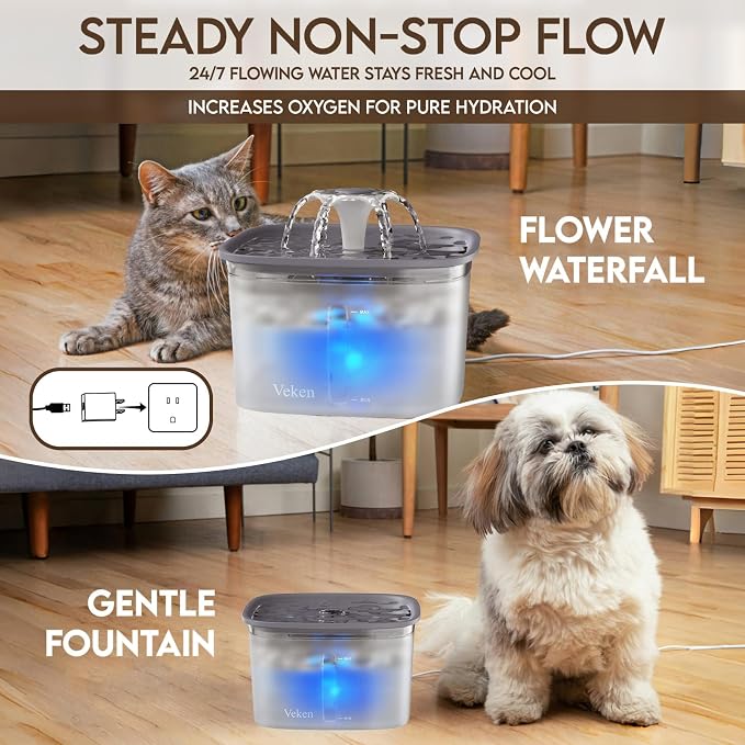 Veken Innovation Award Winner 95oz/2.8L Cat Water Fountain | Automatic Pet Fountain Dog Water Dispenser with Replacement Filters & Silicone Mat for Cats, Dogs (Transparent Grey, Plastic)