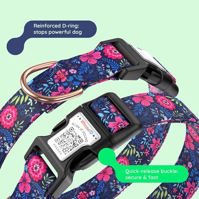 Airtag Dog Collar,with Waterproof airtag Holder，Original Stylish Cute Pattern Design.QR Code ID Buckle，Comfortable Soft Cotton for Small Medium Large Dogs