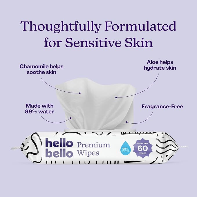 Hello Bello Premium Wipes, Designed for Sensitive Skin with Chamomile & Aloe Extracts, Playful Sketches (9 Resealable Packets = 540 Total Wipes)