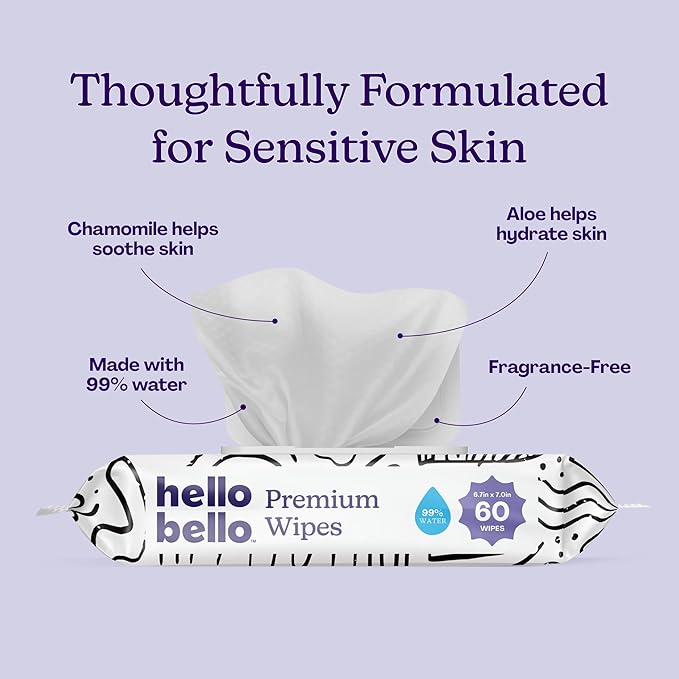 Hello Bello Premium Wipes, Designed for Sensitive Skin with Chamomile & Aloe Extracts, Playful Sketches (12 Resealable Packets = 720 Total Wipes)