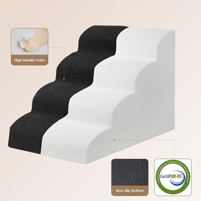 EHEYCIGA Curved Dog Stairs Ramp, 4-Step High Beds, 19.7" H Pet Step | 33D density of pure foam, for Small Dogs and Cats, Pet Stairs for High Bed Climbing, Non-Slip Balanced Indoor, Black
