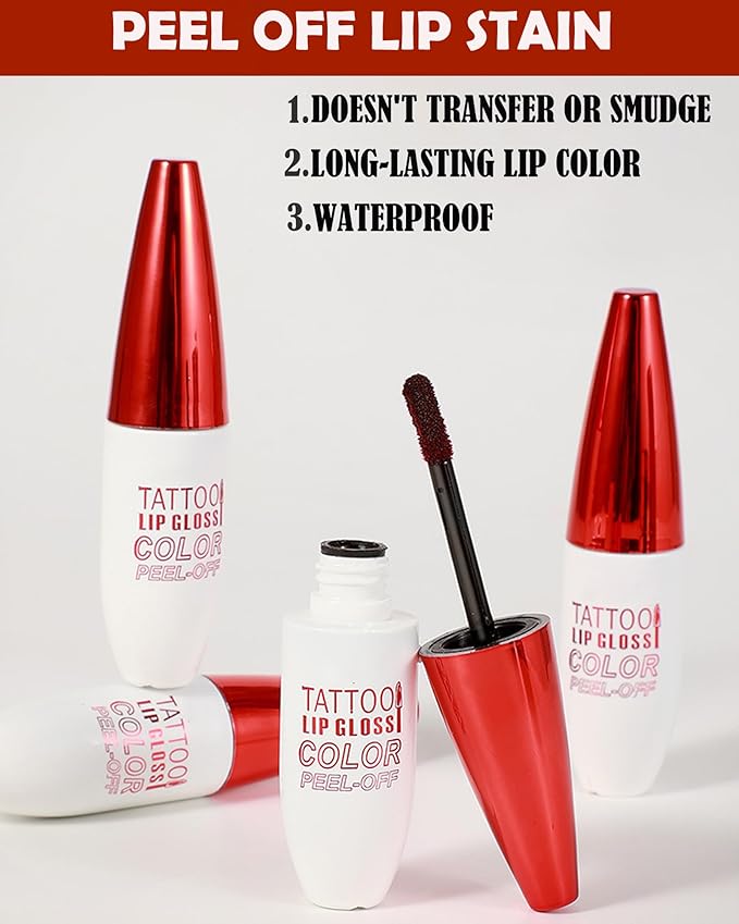 Peel Off Lip StainTattoo Lip Gloss,2 Pcs Pink Nude Red Matte Lip Liner Stain Peel Off Waterproof Long Lasting,Highly Pigmented Transfer-Proof Non-Stick Tinted Liquid Lipstick Makeup for Women-01+02