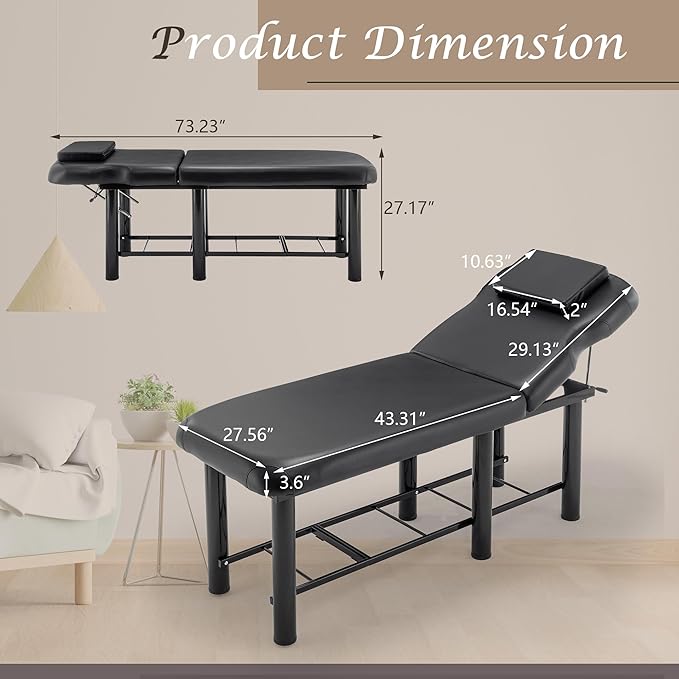 Professional Massage Bed 73 Inch, Treatment Table Salon Bed with Removable Headrest, Stationary Physical Therapy Table Spa Facial with Adjustable Backrest, Steel Frame, Black