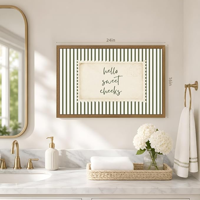 VziizV Vintage Typography Wall Art, Hello Sweet Cheeks Quote Canvas Print, Cottagecore Green Stripe Wall Decor, Neutral Farmhouse Artwork for Nursery Bedroom Bathroom Wood Framed 12x16 Inch