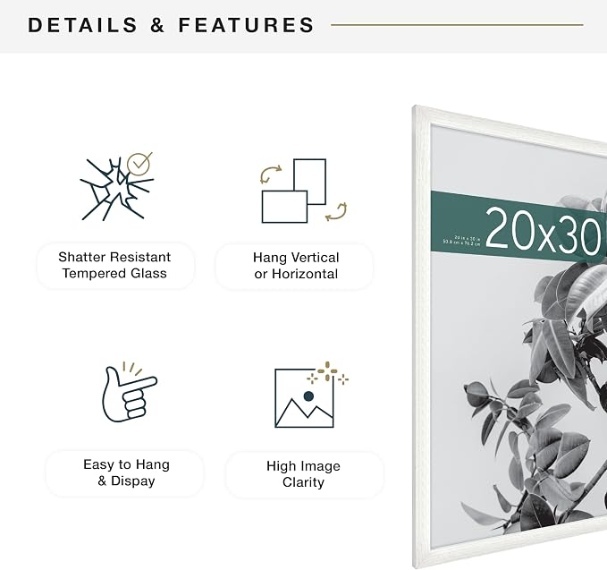MCS Studio Gallery 20x30 Poster Frame White Woodgrain Engineered Wood, Vertical & Horizontal Wall Hanging Large Picture Frame for Photos, Posters & Art Prints (1-Pack)