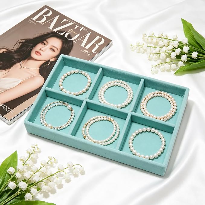 Velvet Jewelry Trays for Drawers, Blue 6 Grids | Stackable Jewelry Drawer Organizer, Earring Necklace Bracelet Holder Organizer Display Tray with Removable Dividers