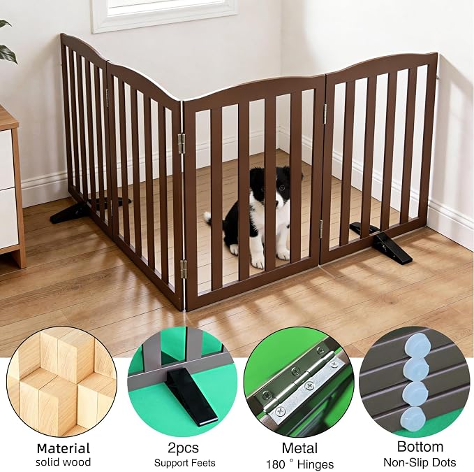 ZJSF Foldable Freestanding Indoor Dog Gate for House Wood Long Pet Gates Dog Fence for Stairs Puppy Gates for Hallways, Puppy Gate,Support Feet Included, Brown, 24 "Height-4 Panels