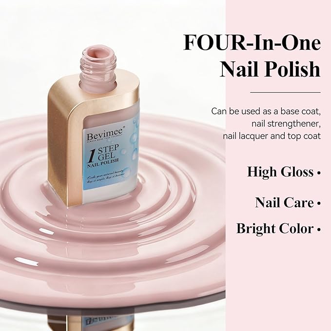 4-in-1 Pink Nail Polish, Gel-Like Nail Polish Quick Drying Light Pink Natural Long Lasting Color No UV Needed for Valentine's Day Gift Nail Art Manicure DIY at Home