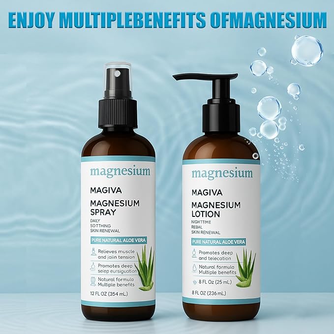 Magiva Magnesium Oil Spray 12 oz + Body Massage Lotion Set 8 oz, Pure Topical Magnesium with Aloe Vera, Supports Muscle Relaxation & Joint Comfort ＆Everyday Body Care