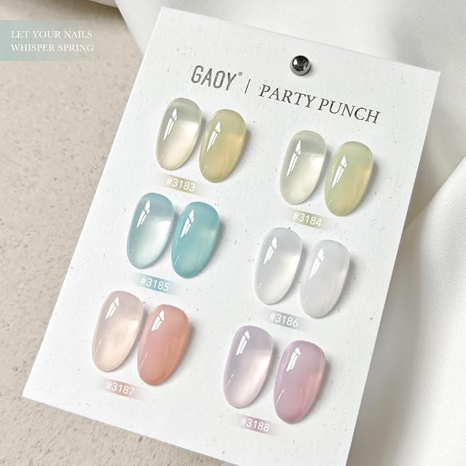 GAOY Jelly Green Spring Summer Gel Nail Polish Set, 6 Transparent Colors Sheer White Blue, Soak Off UV Light Cure Gel Polish Kit for Nail Art DIY at Home