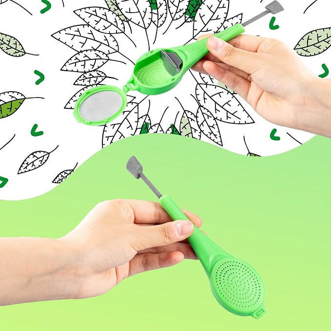 3 Pieces Long-Handled Tea Filters Plastic Tea Infuser Fime Mesh with Built-in plunger Reusable Two Sides Strainers for Loose Tea/Coffee/Tea Bag/Herbal/Spice Portable Teaware Accessories, Green