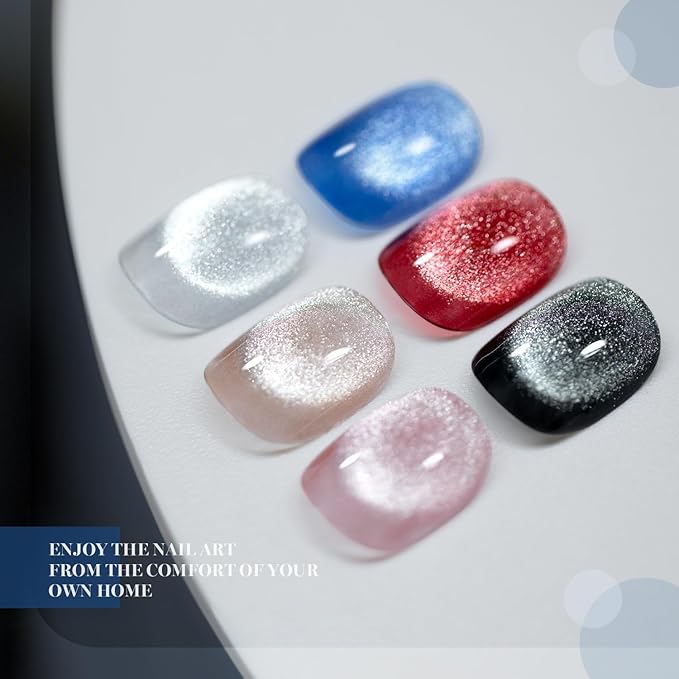 RARJSM Diamond Glitter Cat Eye Gel Polish Set 6 Pcs Sparkle Black Silver Red Blue Brown Nude Color Velvet Ice Jelly Glass Milky Way Cateye Gelpolish with Magnet Stick Curing Requires Home Manicure
