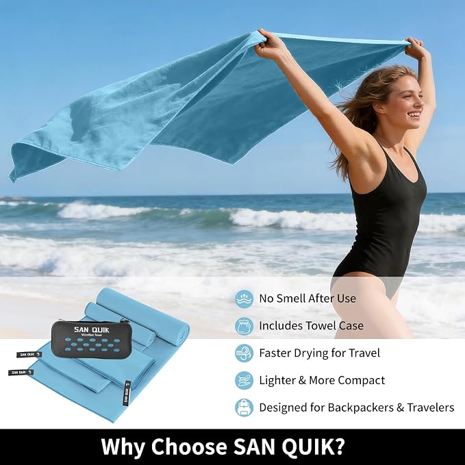 Quick Dry Camping Towel with EVA Case, Microfiber Travel Towel 3 Size at 1 Pack, Super Absorbent Lightweight Fast Drying Towel Set for Beach, Gym, Sports, Backpacking, Yoga & Swimming Pool, Baby Blue