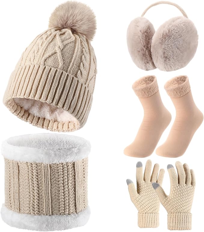 SATINIOR 5 Pcs Winter Hat Scarf Gloves Set Fleece Warm Lined Knit Beanie Hat Touch Screen Earmuff Gloves Warmer for Women(Beige,Rhombus Pattern)