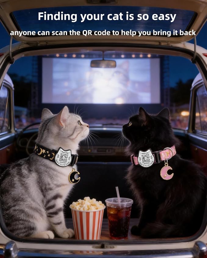 2PCS Star & Moon Breakaway Cat Collar with QR Code Tag (Black&Pink) | Reflective Nylon, Safe Kitten,Quick-Release Buckle