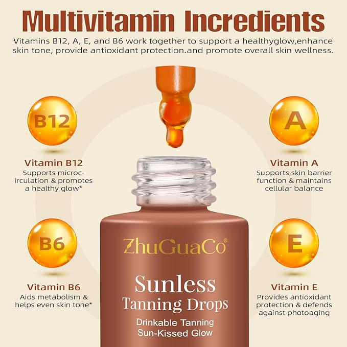 Tanning Drops Drink,Sunless Tanning Drops to Drink,Natural Sunbathing Without Sun Damage,Enhancing Natural Skin Tone,Nourishing and Moisturizing