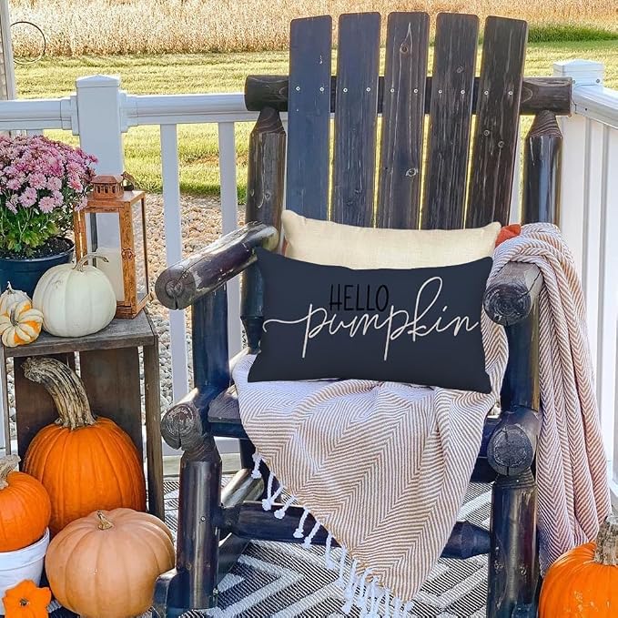RABUSOFA Fall Pillow Covers 12x20 Inch Dark Blue Thanksgiving Autumn Hello Pumpkin Quote Lumbar Harvest Outdoor Cushion Cases Seasonal Fall Decorations for Home Couch