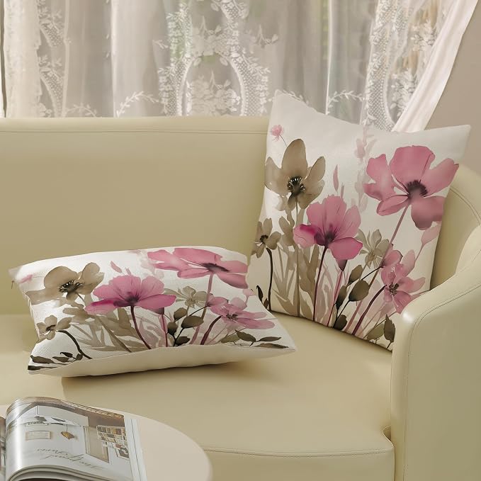 Spring Floral Pillow Covers 18x18 Inches Set of 2 Brown Pink Floral Throw Pillow Covers,Outdoor Rustic Summer Flower Decor Pillowcase Farmhouse Decorative Cushion Cover for Home Couch